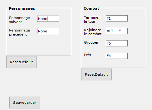 Menu des raccourcis